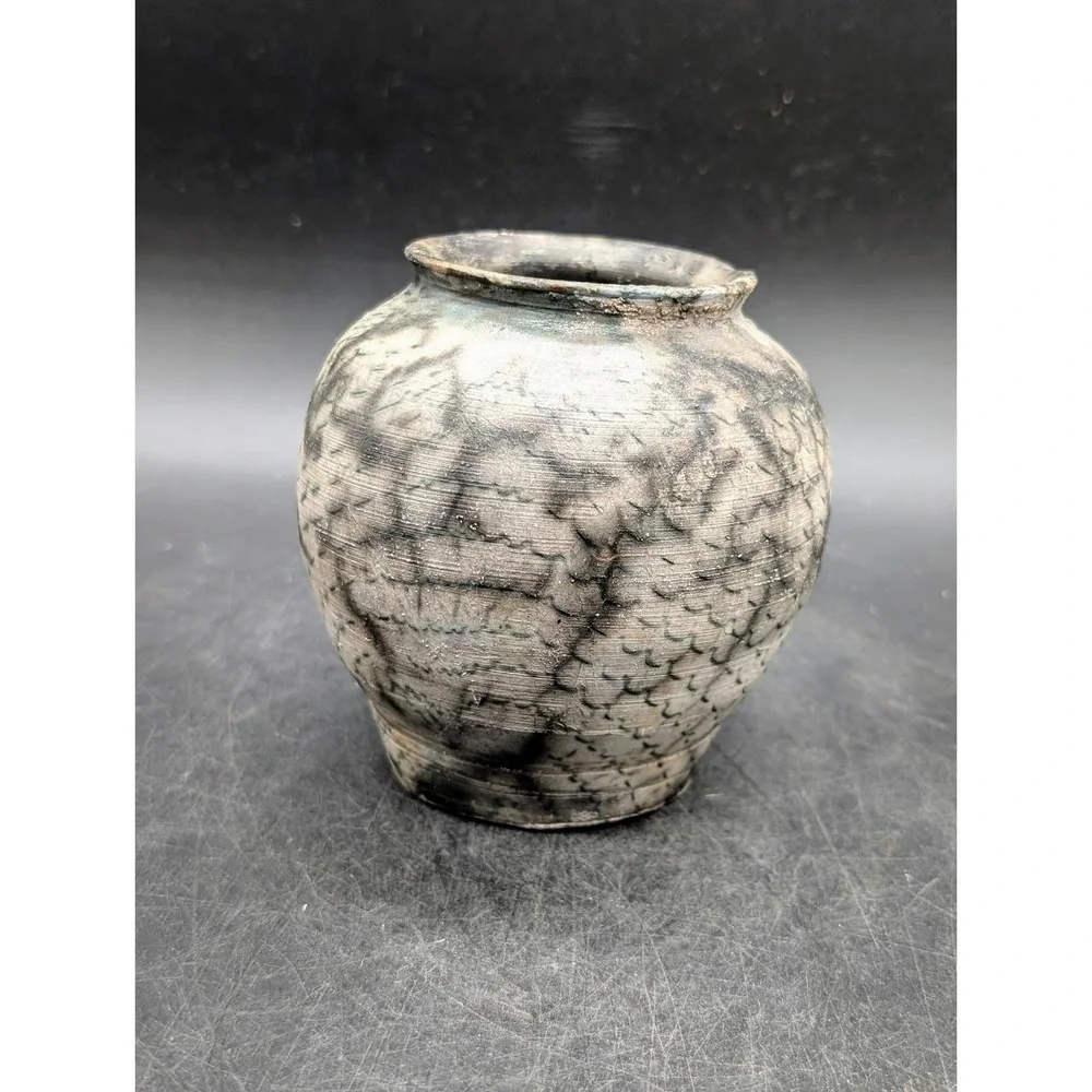 Handmade Raku Fired Studio Pottery Vase Textured Ribbed Ceramic Jar Gray 5